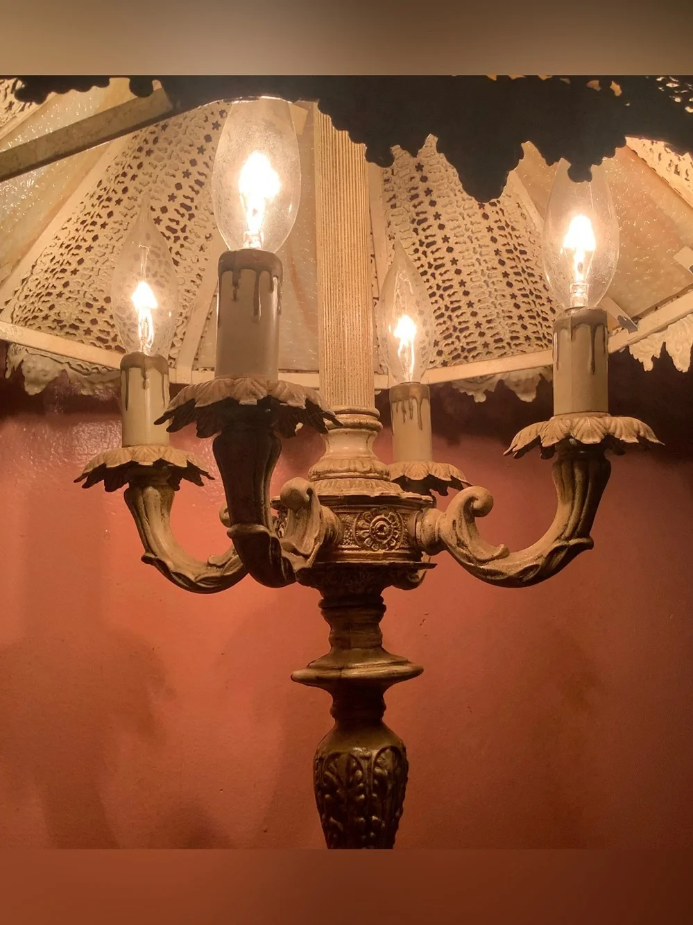 Vintage Italian 4-Light Candelabra Table Lamp Filigree Shade Carrara Marble 28”